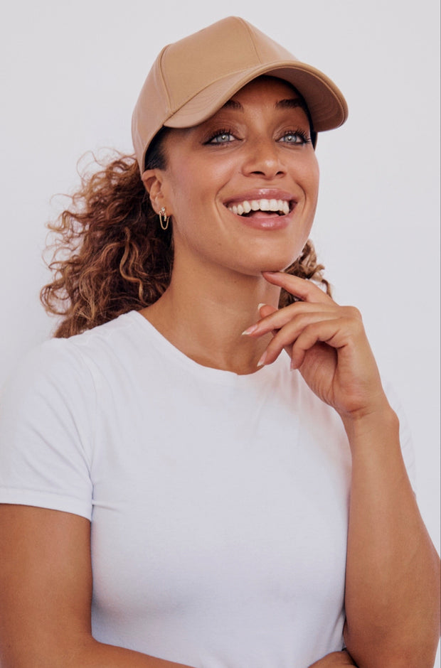 Tan Vegan Leather Satin Lined Hat