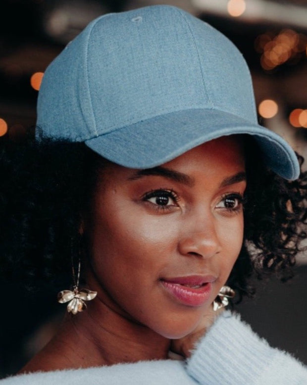 blue denim satin lined baseball cap with satin lining, best hats for curly hair, satin baseball cap for curly hair